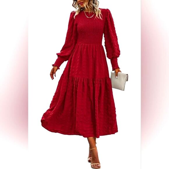 Red Peasant Dress Midi Smocked Puff Sleeve Cottagecore Tiered Maiden Milkmaid S - Picture 1 of 11